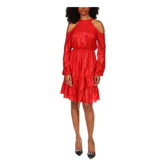 MICHAEL KORS Dresses & Skirts - MICHAEL KORS Womens Red Pullover Back Long Sleeve Fit + Flare Dress S